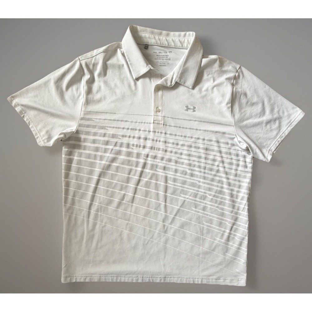 Under Armour Short Sleeve Playoff Polo Shirt White Gray Geometric Logo 2XL JBHS